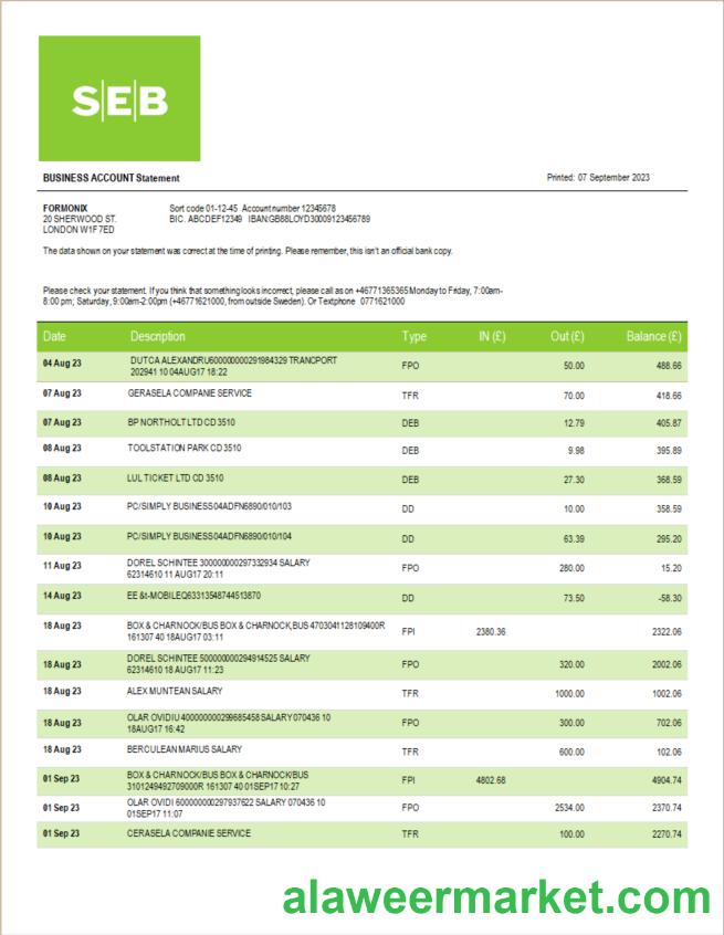 SEB Bank company statement Word and PDF template